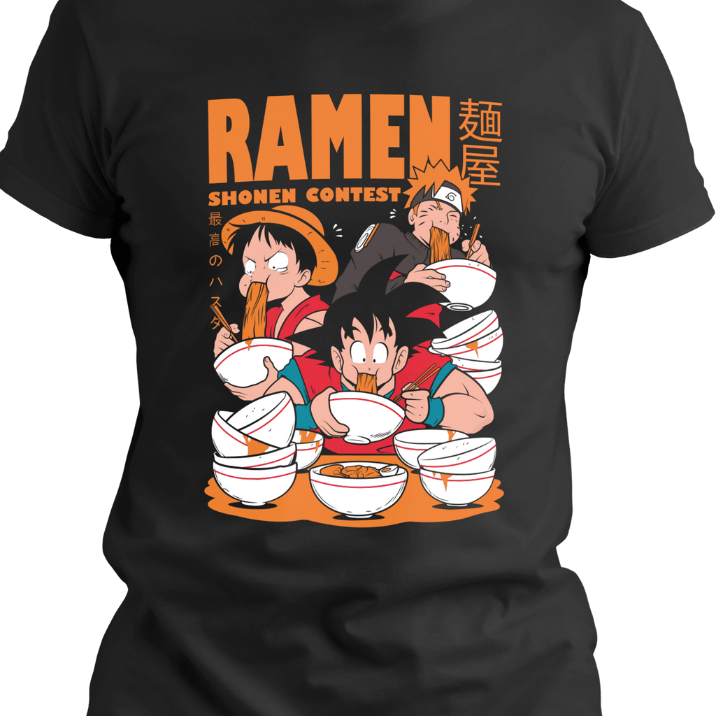 Close-up of black anime t-shirt featuring three shonen-style heroes in a ramen eating contest, surrounded by stacked empty bowls and dynamic cartoon-style graphics.