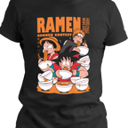 Close-up of black anime t-shirt featuring three shonen-style heroes in a ramen eating contest, surrounded by stacked empty bowls and dynamic cartoon-style graphics.