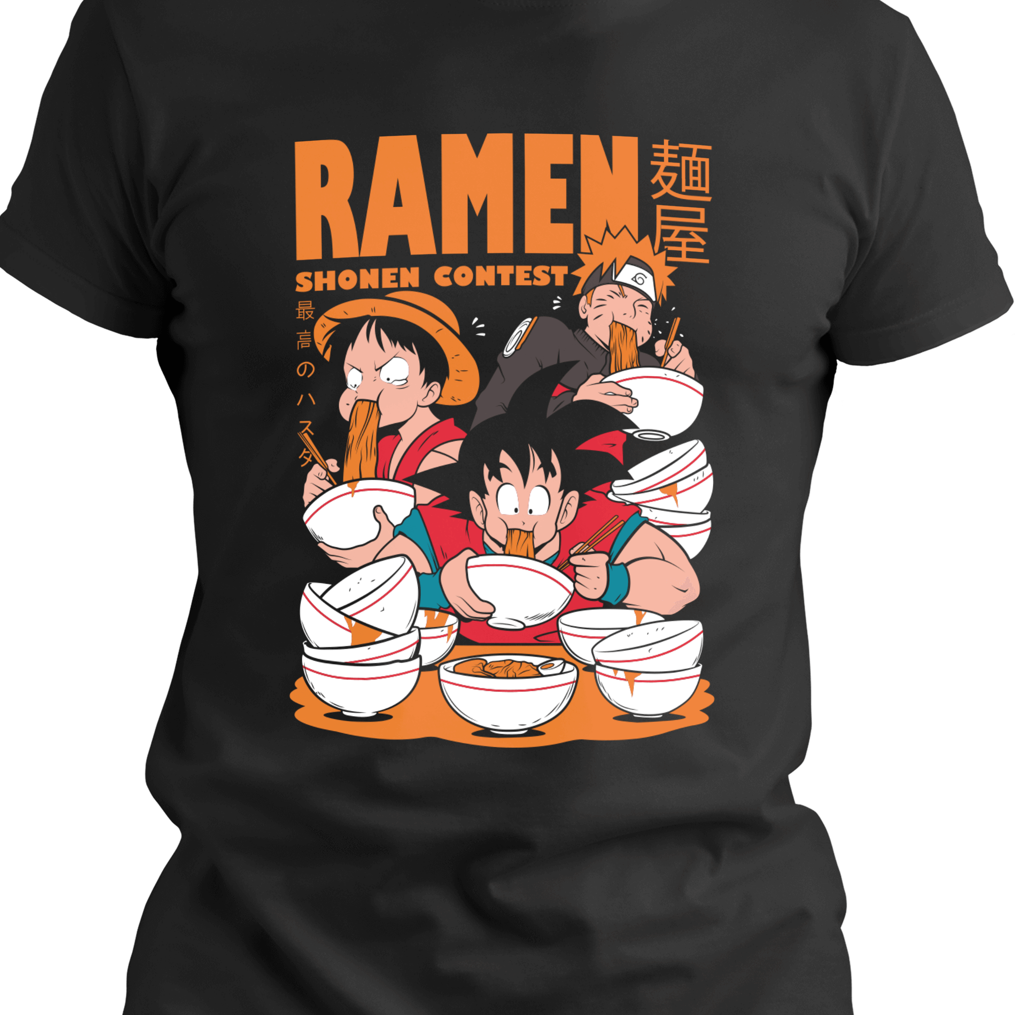 Close-up of black anime t-shirt featuring three shonen-style heroes in a ramen eating contest, surrounded by stacked empty bowls and dynamic cartoon-style graphics.