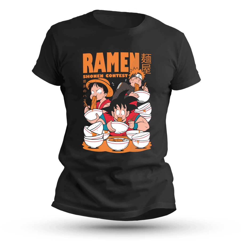 Front view of anime ramen contest t-shirt with three iconic shonen-inspired characters slurping noodles in bold orange and red artwork on black cotton fabric