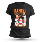Front view of anime ramen contest t-shirt with three iconic shonen-inspired characters slurping noodles in bold orange and red artwork on black cotton fabric