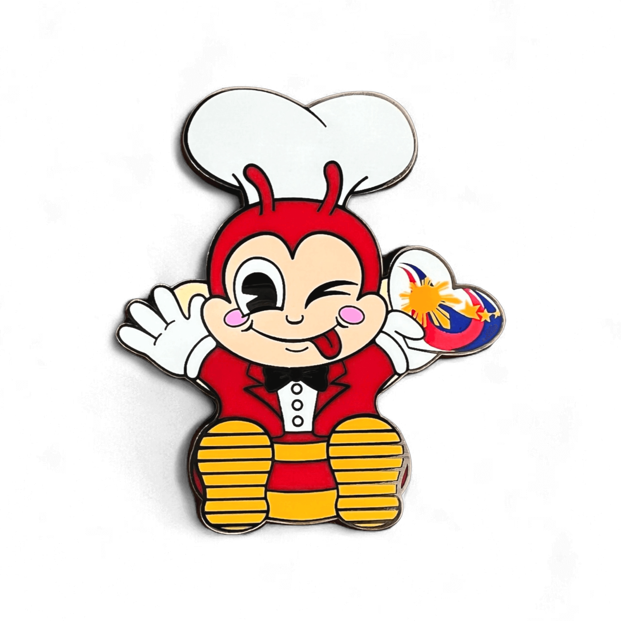 Cartoon character in a chef's outfit holding a Filipino flag on a black background