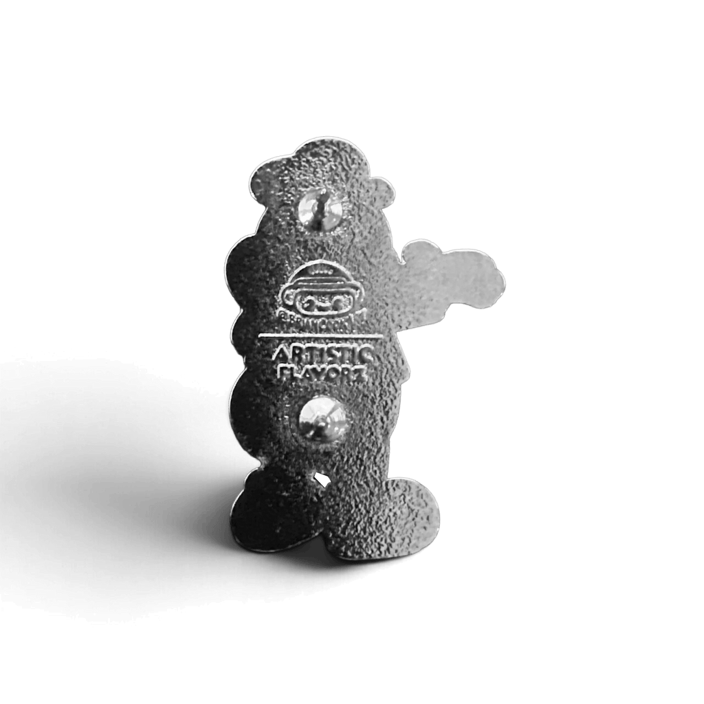 Back of the Jolli-Butt enamel pin, showing a textured silver-toned bear-shaped metal backing with the Artistic Flavorz logo on a white background.