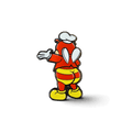 A cartoon-style Jolli-Butt enamel pin featuring a red character in a white chef’s hat, striped pants, and yellow shoes, shown from the back on a white background.