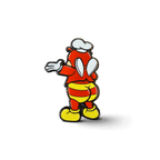 A cartoon-style Jolli-Butt enamel pin featuring a red character in a white chef’s hat, striped pants, and yellow shoes, shown from the back on a white background.