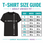 T-shirt size guide for adult unisex fit, showing a black T-shirt with width and length arrows and a size chart listing measurements from S to 4XL in inches.