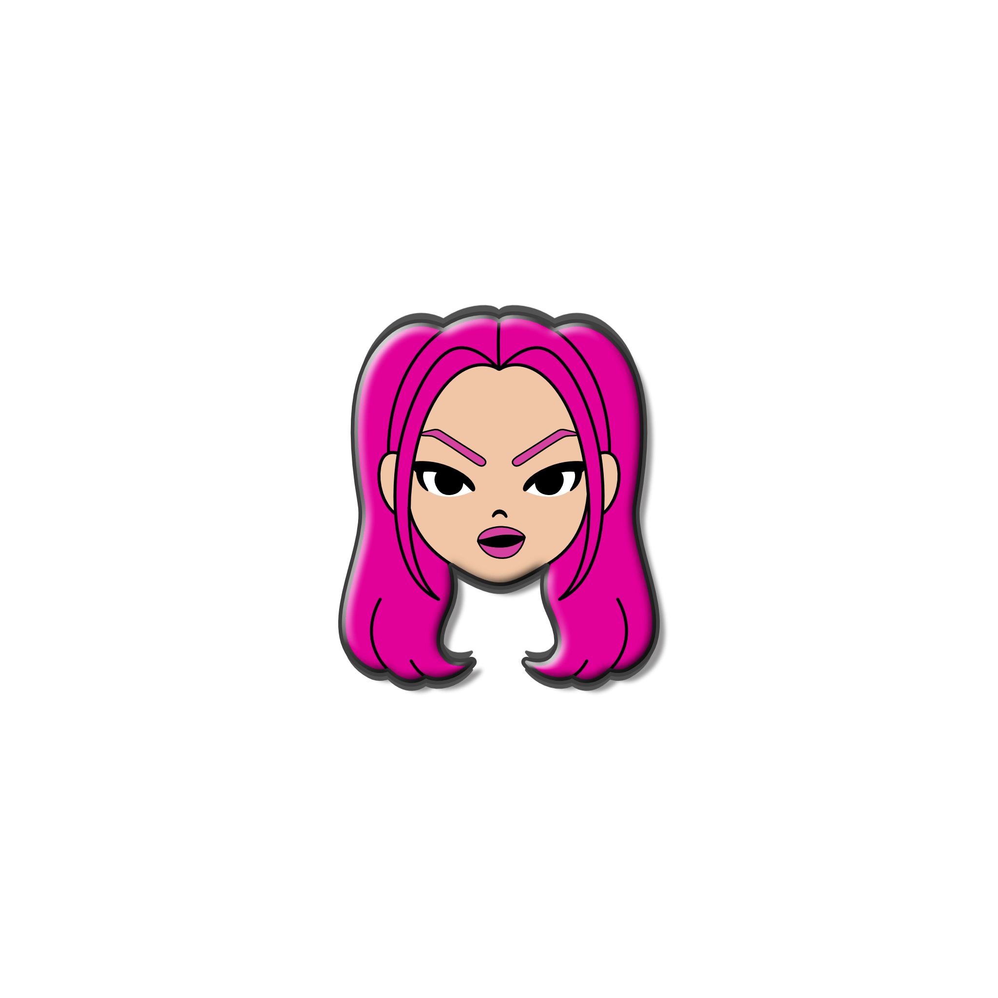 Chibi-style enamel pin of a pink-haired warrior girl with fierce brows and confident pose, inspired by K-pop idol and demon hunter aesthetics