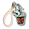 Cartoon-style keychain charm featuring a white rabbit emerging from an orange bubble teacup. The rabbit has large eyes, long ears, and a small orange rose on its head. Inside the cup are black and white tapioca pearls with skull faces, adding a spooky-cute Halloween vibe. The charm is made of clear acrylic and attached to an orange strap with a metal clasp. The design blends eerie and adorable elements, making it a unique and collectible accessory.