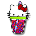 Cute bubble tea cup styled as a kitty character with a red bow, featuring pink liquid and purple tapioca pearls adorned with tiny bows, topped with a mint and purple striped straw in a playful kawaii design.