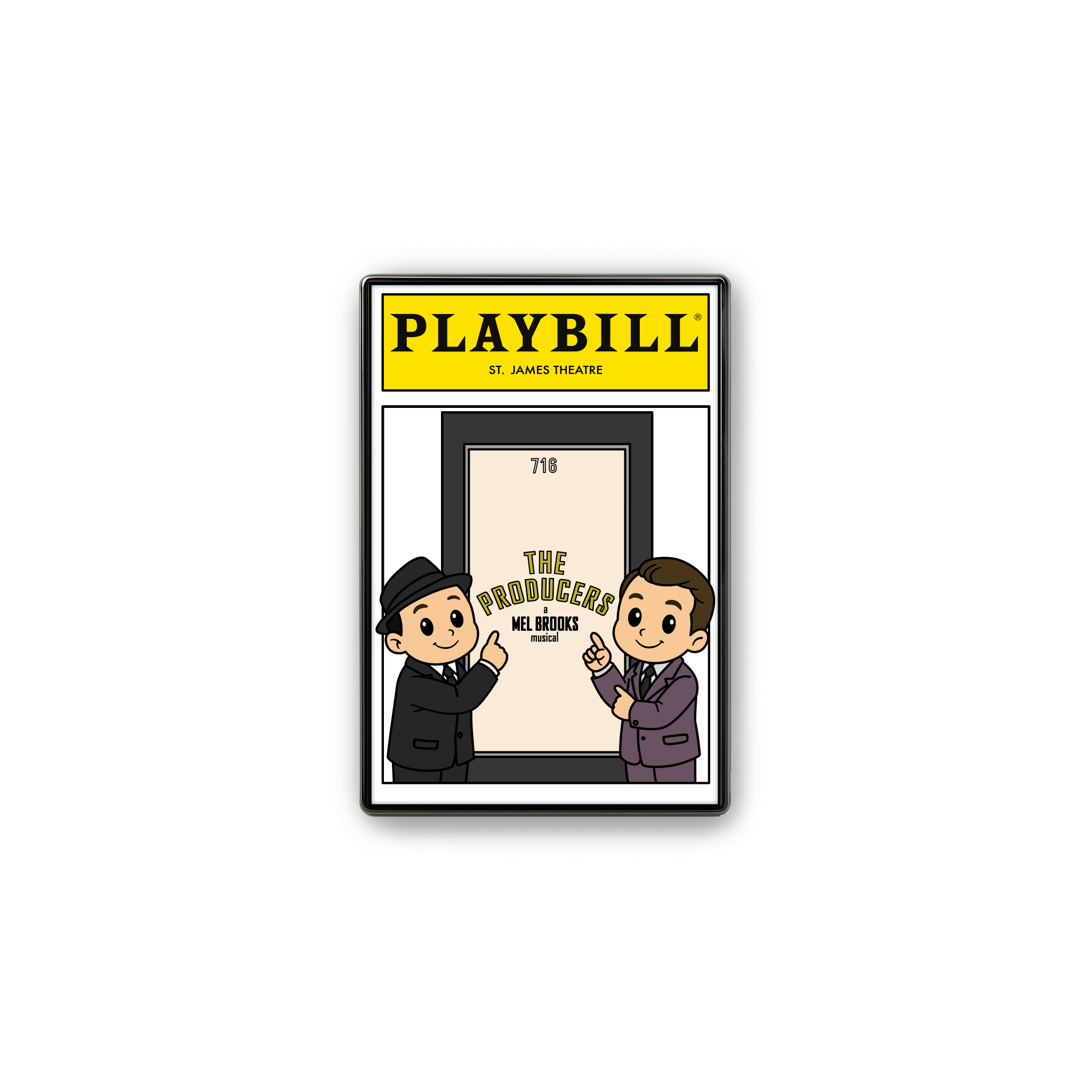 Chibi-style Broadway enamel pin featuring a cartoon comedy duo in suits on a Playbill-inspired card