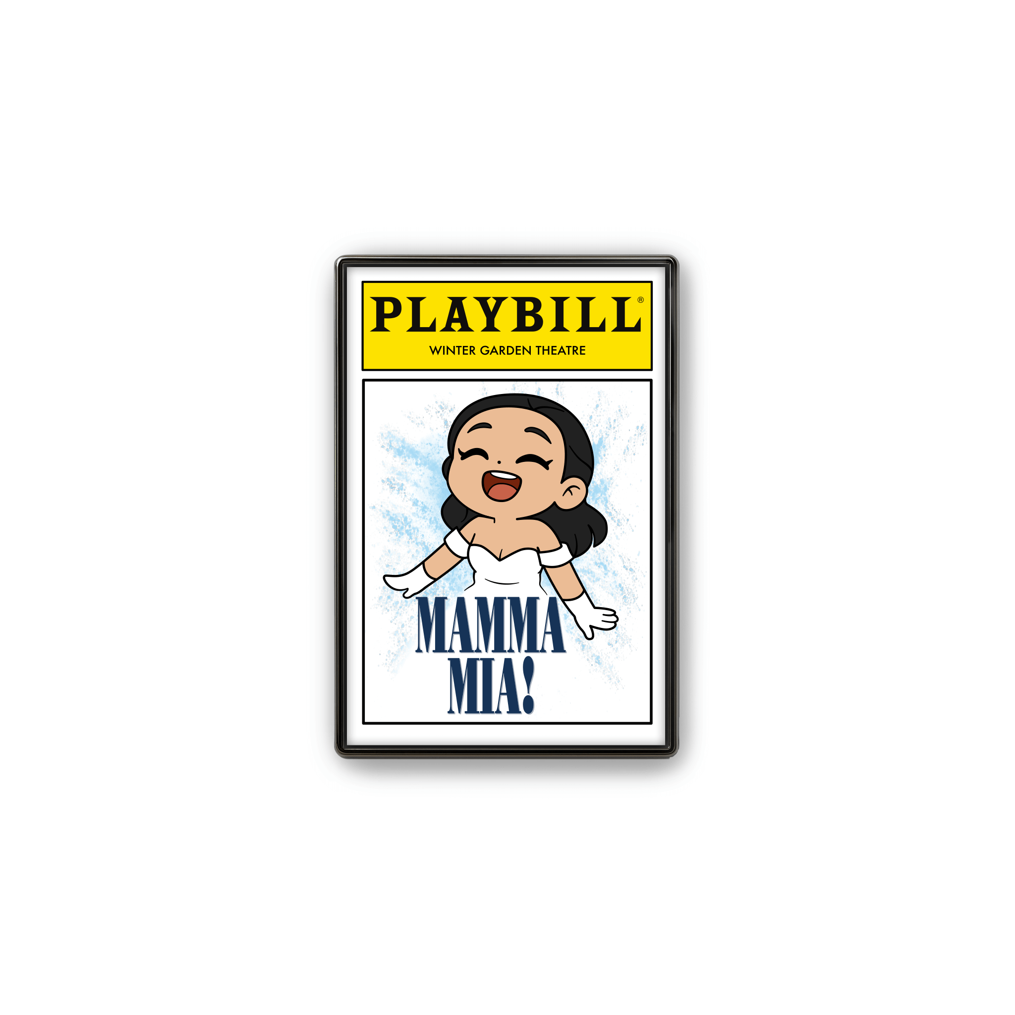 Broadway enamel lapel pin by Artistic Flavorz featuring a joyful chibi character in a white dress with playful blue background, inspired by the spirit of a dancing queen. UV‑printed hard enamel, perfect for theater fans and collectors.