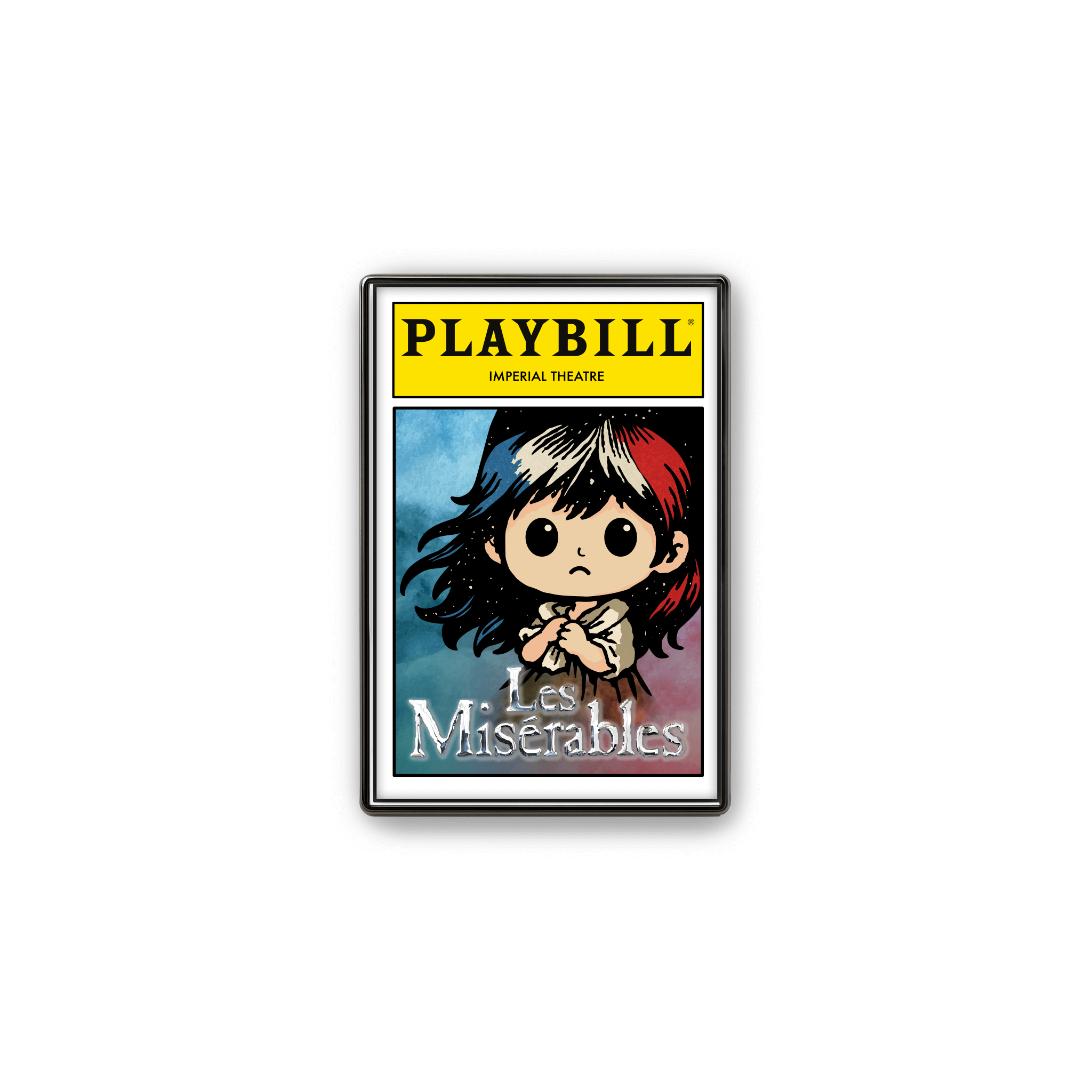 Broadway enamel lapel pin by Artistic Flavorz featuring a chibi dreamer with flowing hair in red, white, and blue tones on a Playbill‑inspired backing card. UV‑printed hard enamel, perfect for theater fans and collectors.