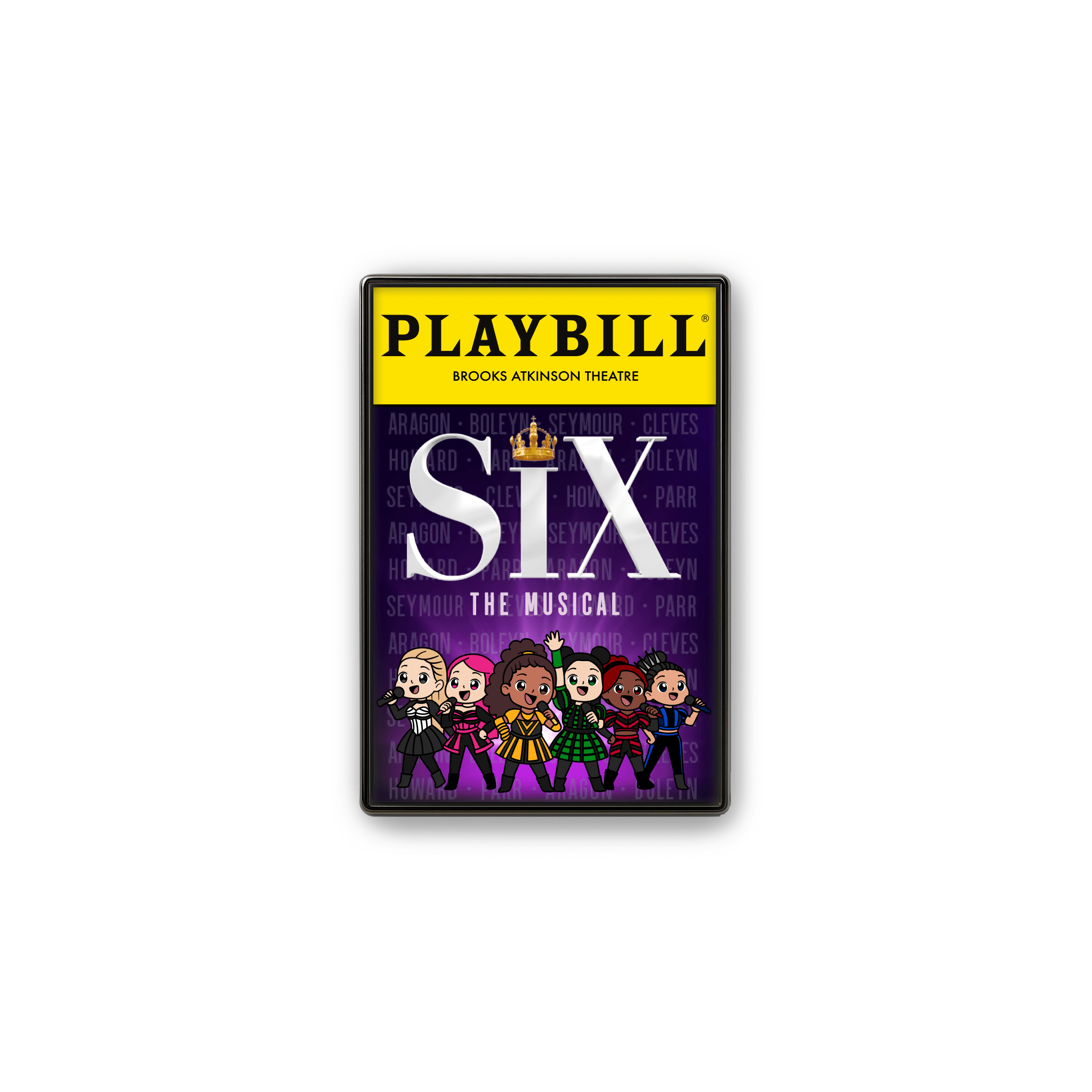 Broadway enamel lapel pin by Artistic Flavorz featuring the word “SIX” with a golden crown above the I, chibi‑style illustrations of the six queens in colorful costumes, and Playbill‑inspired backing card. UV‑printed hard enamel, perfect for Broadway fans and collectors.
