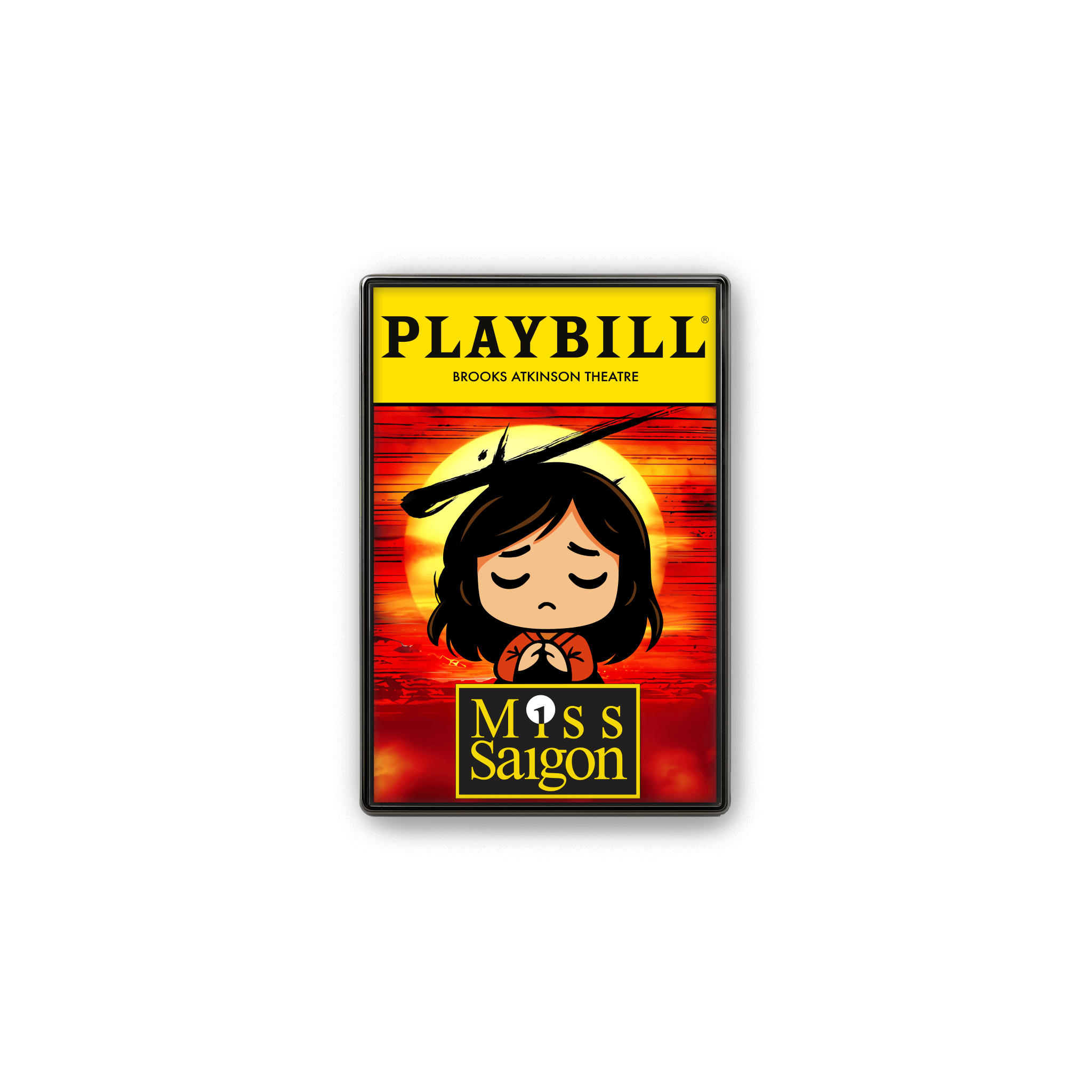 Broadway enamel lapel pin by Artistic Flavorz featuring a chibi girl with closed eyes against a vivid sunset backdrop and helicopter silhouette. UV‑printed hard enamel, perfect for theater fans, Miss Saigon–inspired collectors, and Broadway enthusiasts.