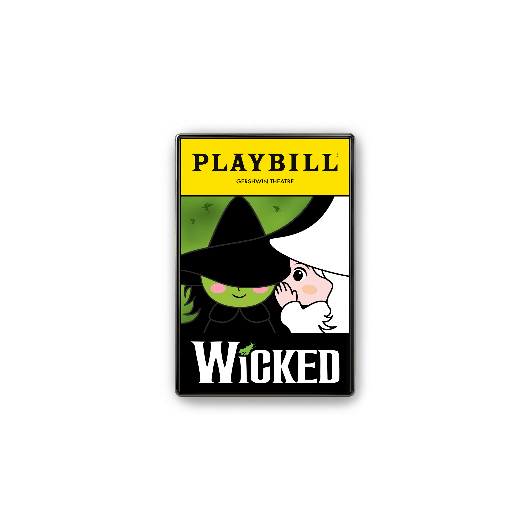 Playbill for the musical 'Wicked' with a cartoon character design on a white background