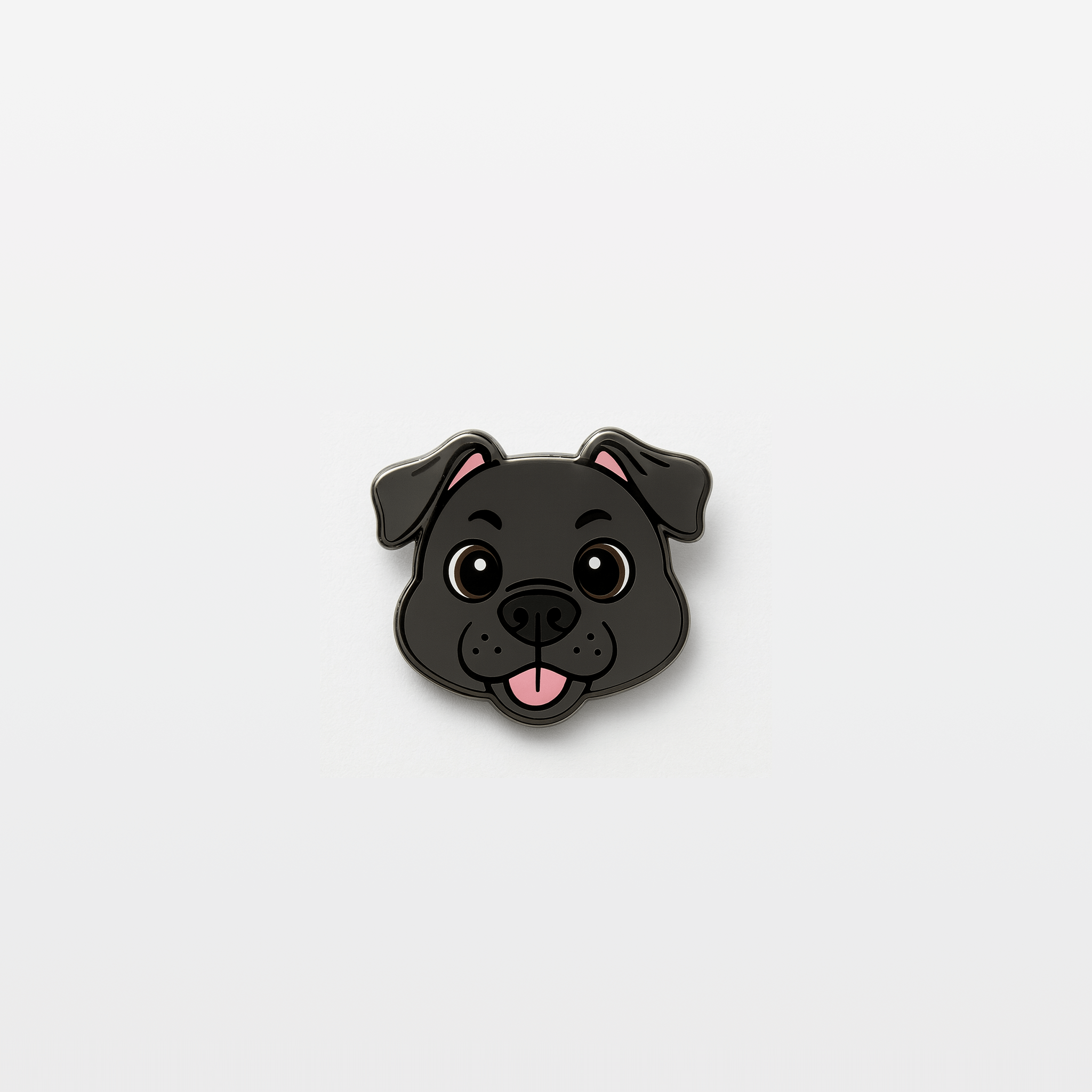 Cartoon-style gray dog face pin with floppy ears, big round eyes, and tongue sticking out, designed in anime-inspired style – cute enamel accessory for pet lovers and anime fans.