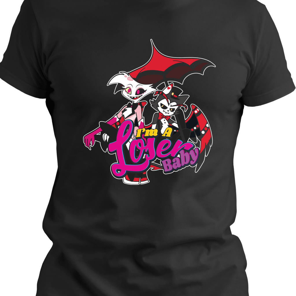 Black T-shirt showcasing two edgy demon-like characters with dramatic poses and red accents, standing beneath a bold ‘I’m a Loser Baby’ slogan in vibrant lettering.