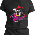 Black T-shirt showcasing two edgy demon-like characters with dramatic poses and red accents, standing beneath a bold ‘I’m a Loser Baby’ slogan in vibrant lettering.