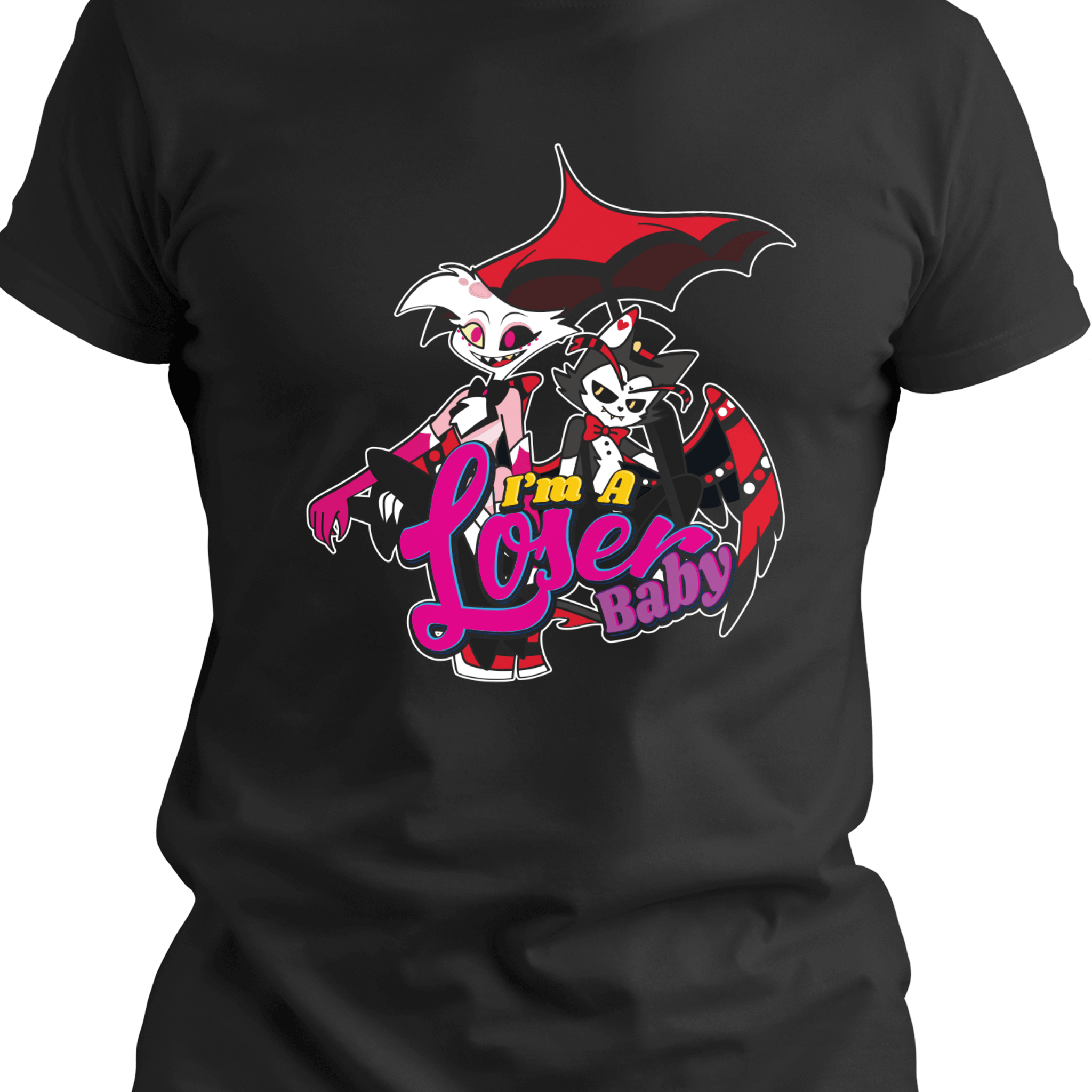 Black T-shirt showcasing two edgy demon-like characters with dramatic poses and red accents, standing beneath a bold ‘I’m a Loser Baby’ slogan in vibrant lettering.