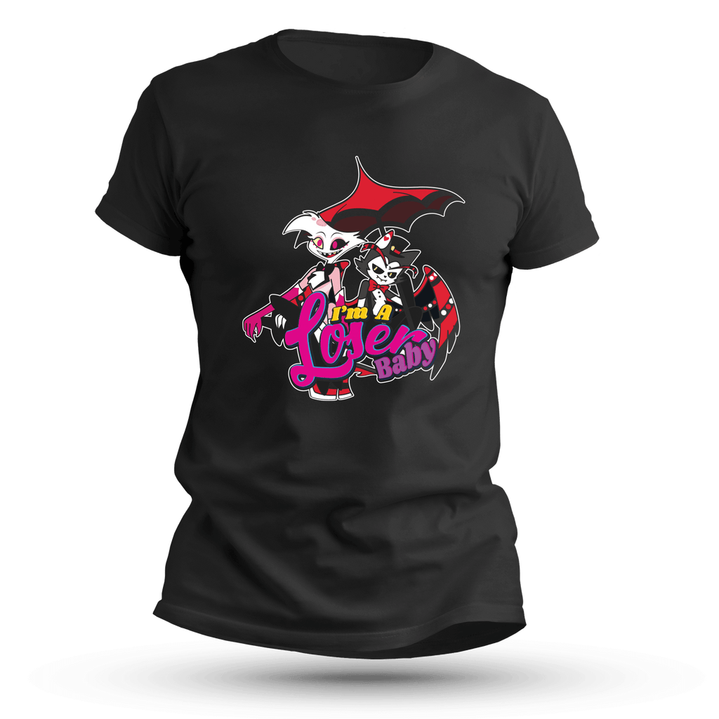 Black graphic T-shirt featuring two demon-inspired characters in red and black, posed with a large bat wing and playful expressions. The phrase ‘I’m a Loser Baby’ is stylized in bold yellow, pink, and purple lettering