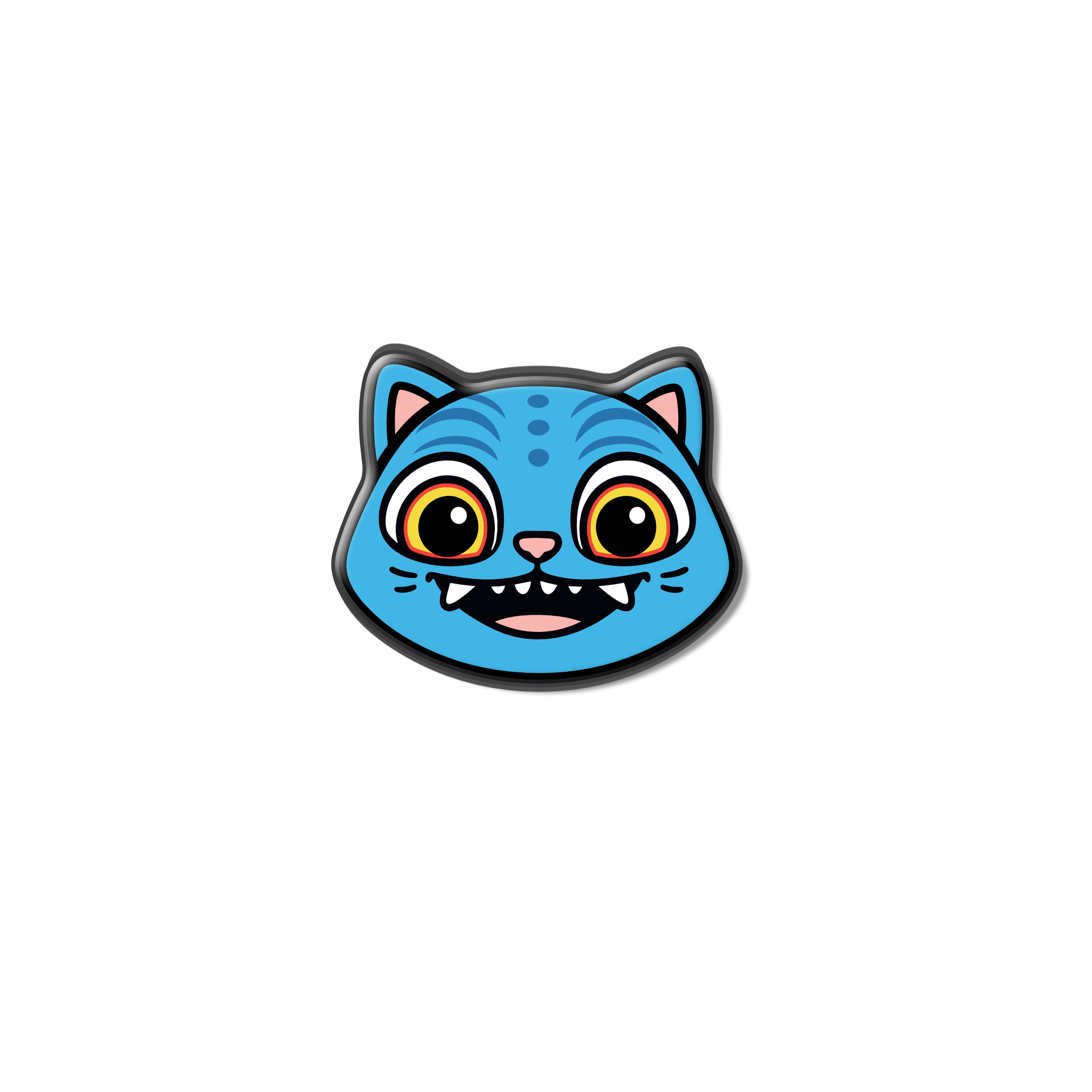 Kawaii mini enamel pin of blue Derby Cat with big eyes and fangs