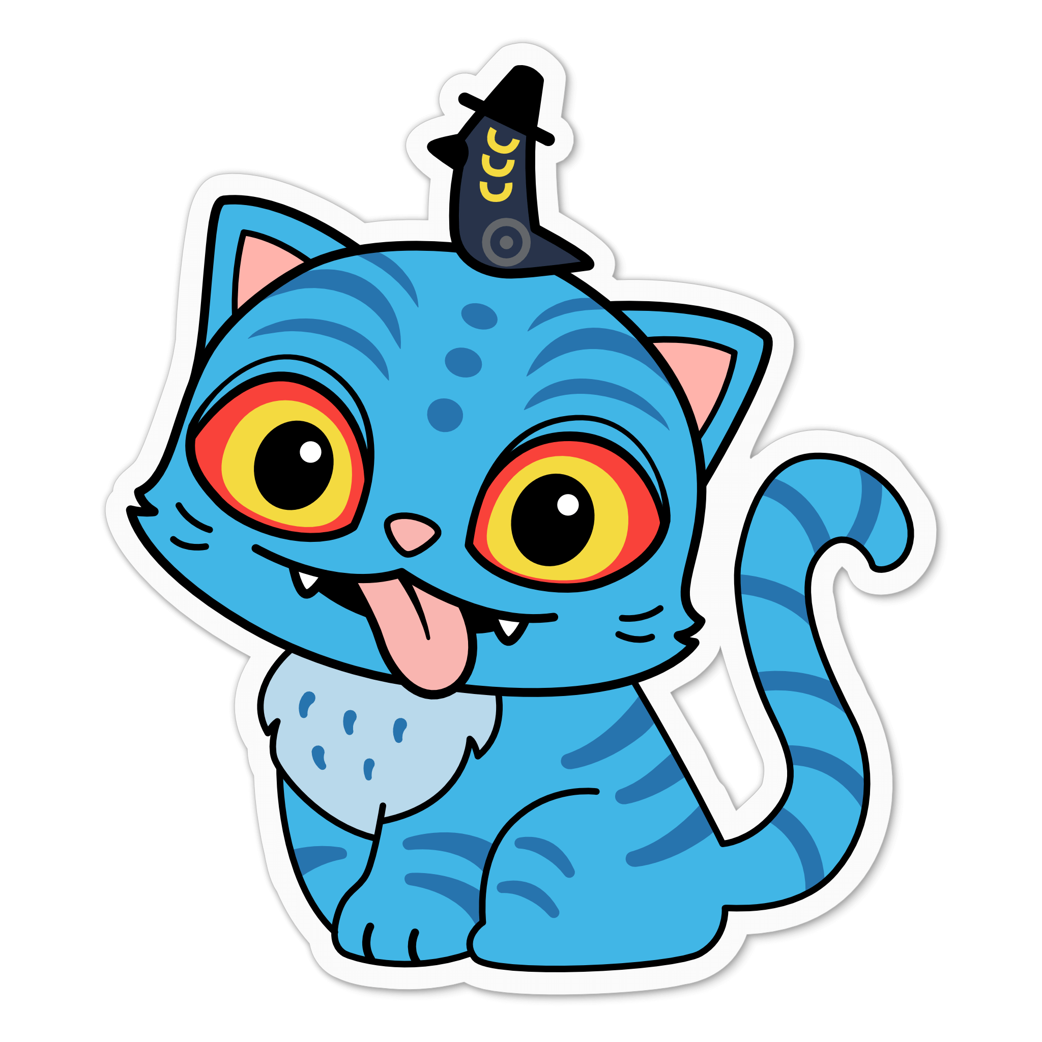 Cute blue Derpy Cat K-Pop sticker with big yellow eyes, pink tongue out, and a tiny witch hat