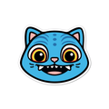 Cartoon-style blue cat face sticker with wide golden eyes, playful derpy expression, sharp white teeth, and K-Pop inspired kawaii design.