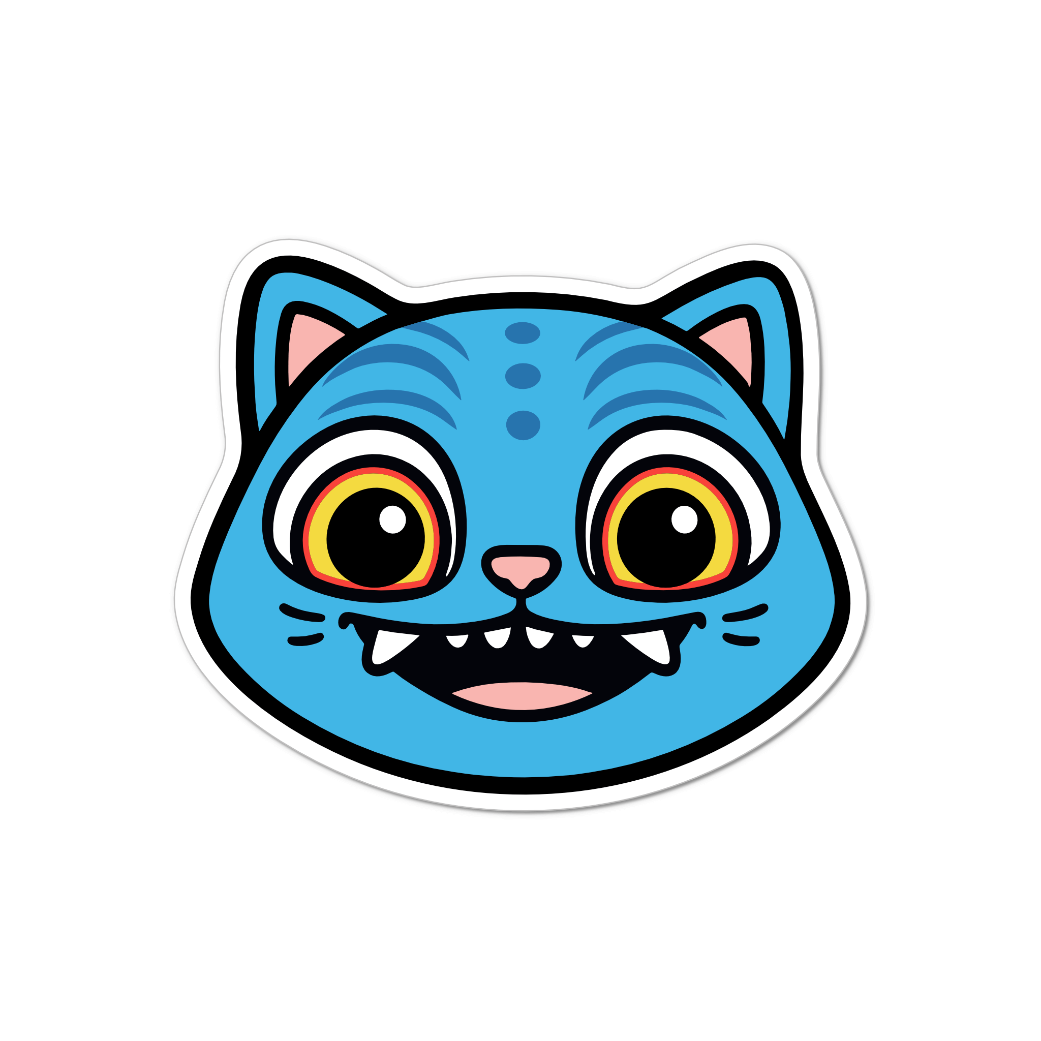 Cartoon-style blue cat face sticker with wide golden eyes, playful derpy expression, sharp white teeth, and K-Pop inspired kawaii design.
