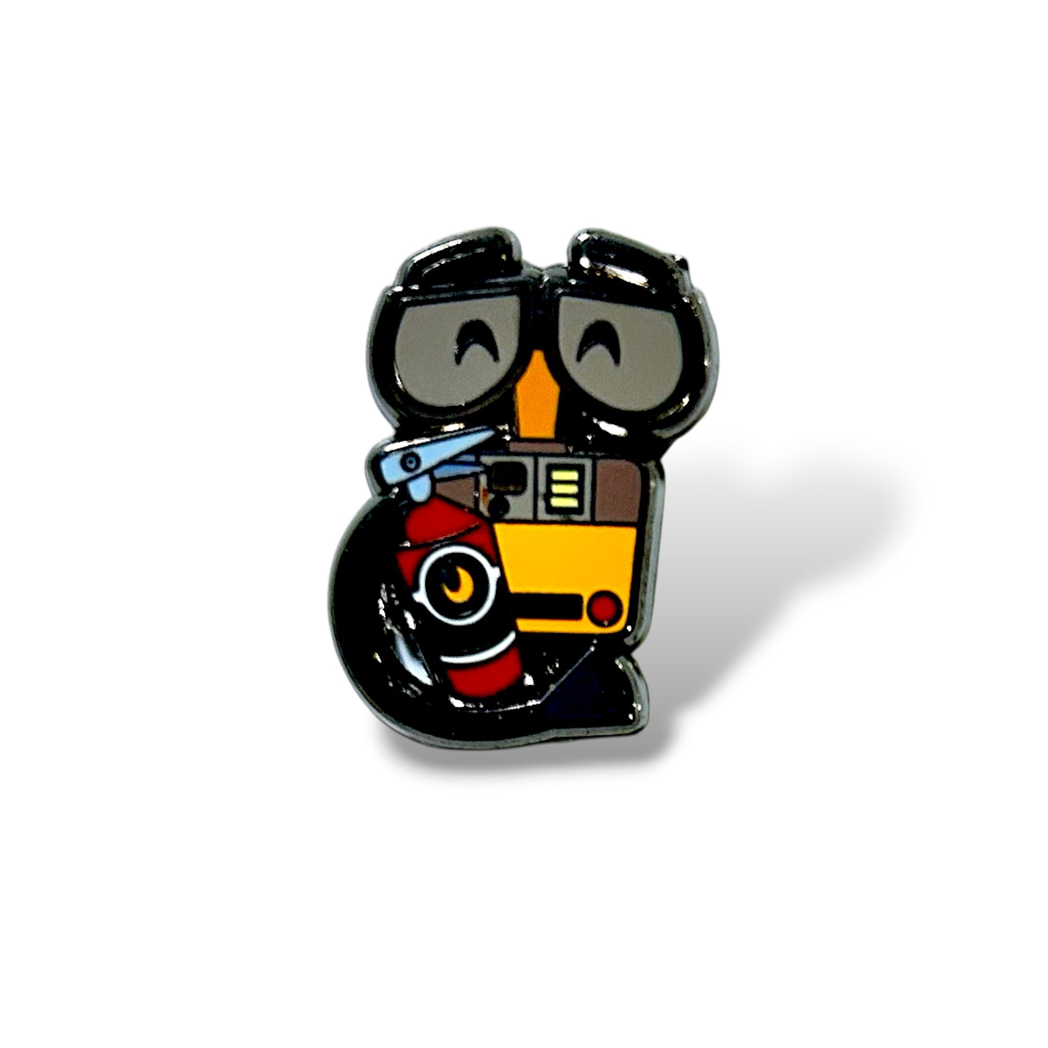 Enamel pin featuring a stylized yellow and brown robot with large black goggles, integrated into the shape of the number 9; glossy finish with mechanical details and a red arm, evoking a playful space-faring character.