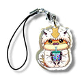 Cartoon-style keychain charm featuring a fluffy white creature with small horns, a tan face and belly, and a cheerful expression. The character is holding a bubble teacup with a blue straw and colorful tapioca pearls. The charm is made of acrylic and attached to a black strap with a silver clasp. The design combines cozy fantasy creature aesthetics with playful boba tea elements, making it a whimsical and collectible accessory.