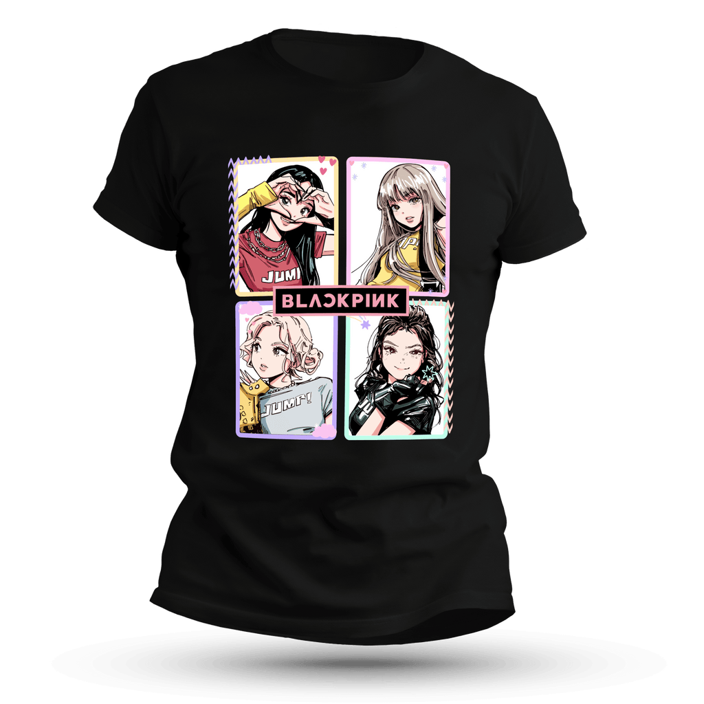 Front view of a black unisex T-shirt featuring four pastel manga-style pop-idol portraits in pink-and-black frames.