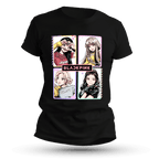 Front view of a black unisex T-shirt featuring four pastel manga-style pop-idol portraits in pink-and-black frames.