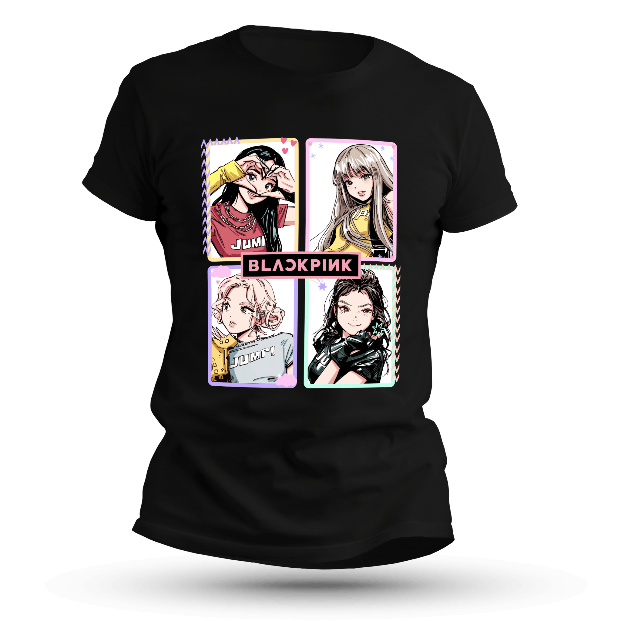 Front view of a black unisex T-shirt featuring four pastel manga-style pop-idol portraits in pink-and-black frames.