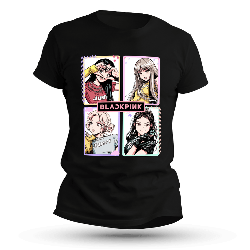Front view of a black unisex T-shirt featuring four pastel manga-style pop-idol portraits in pink-and-black frames.