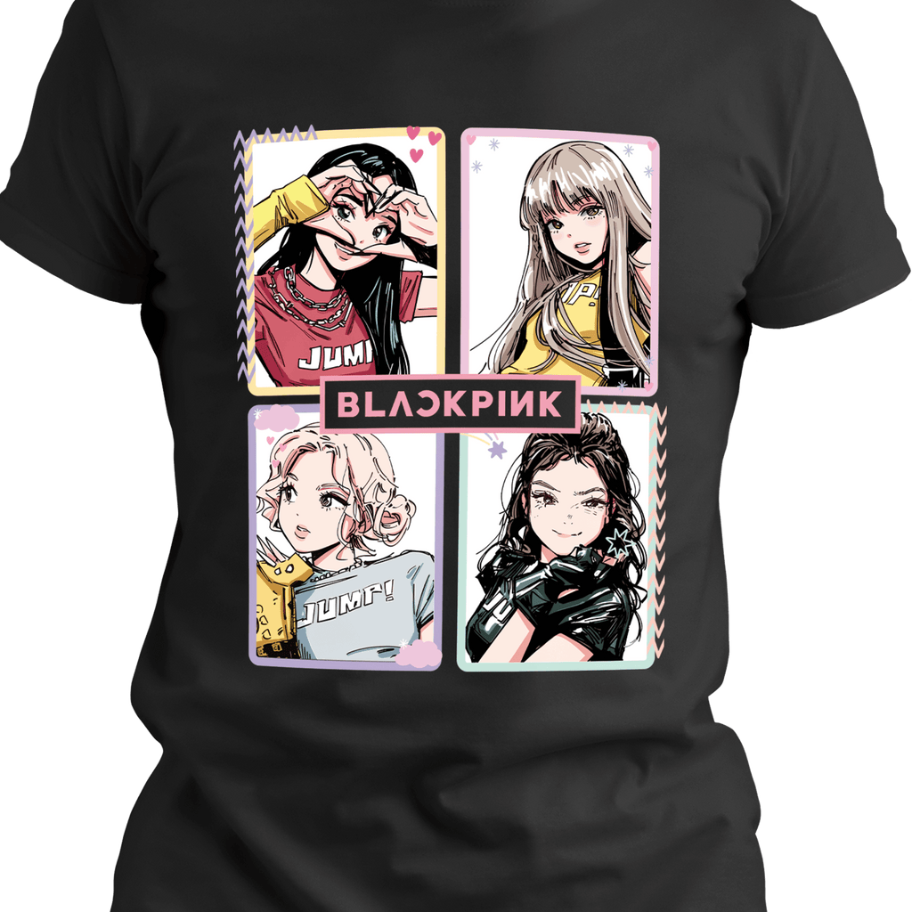 Close-up of four pastel manga-style pop-idol portraits arranged in pink-and-black graphic frames on a black T-shirt.