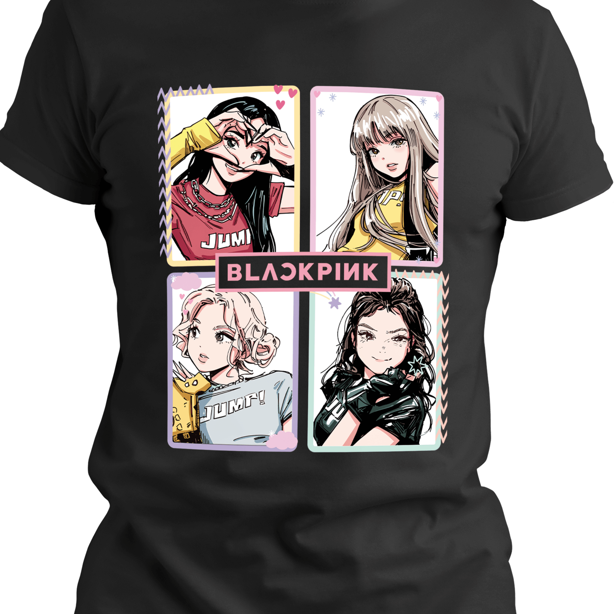 Close-up of four pastel manga-style pop-idol portraits arranged in pink-and-black graphic frames on a black T-shirt.