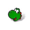 Enamel pin featuring a cartoon-style green dinosaur head with a rounded snout, big white eyes, orange spikes along the back, and an open smiling mouth with a red tongue; outlined in black with a glossy finish for a playful, gaming-inspired look.
