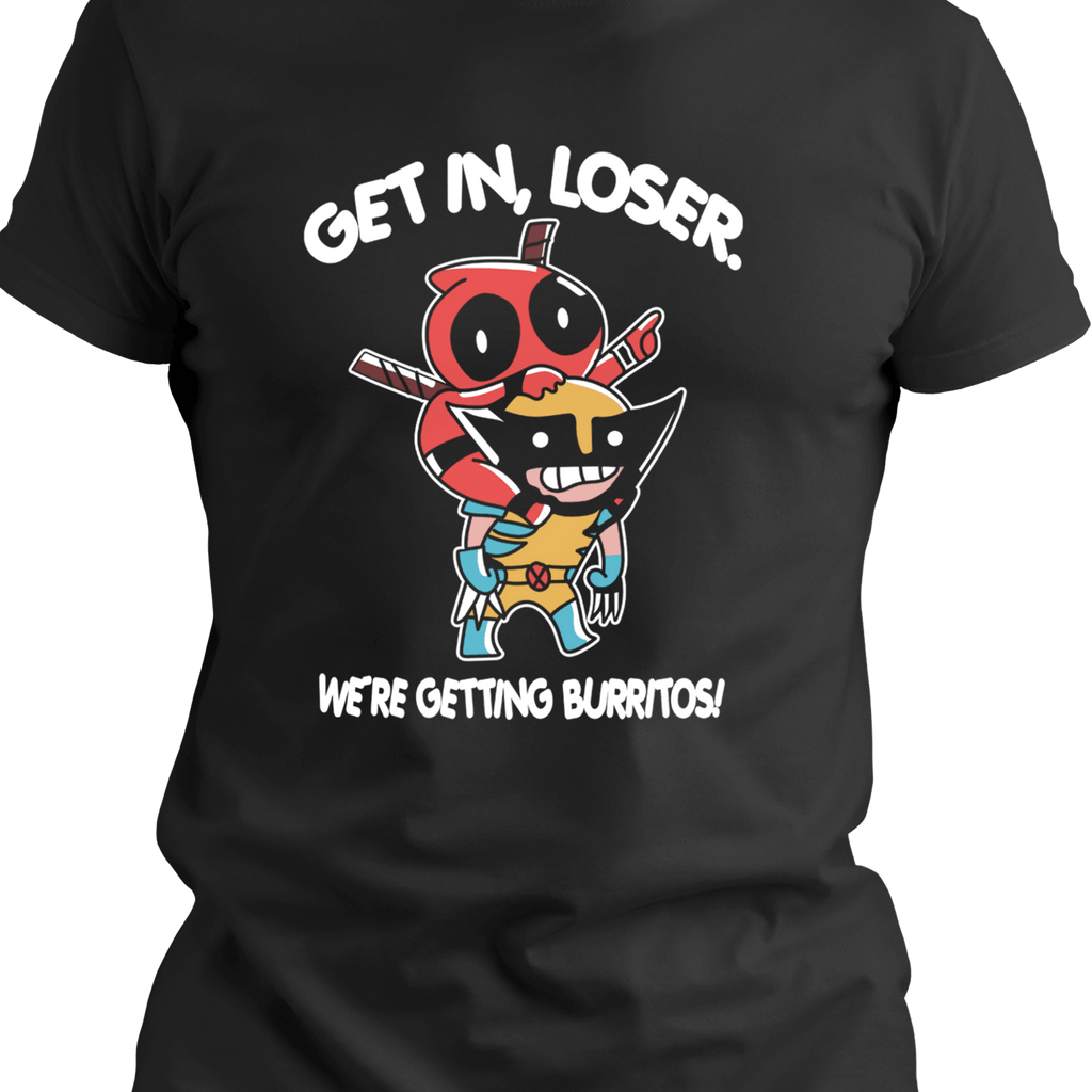 Black T-shirt with cute chibi-style masked duo in a piggyback pose, one holding swords, the other with claws, under text saying ‘Get in, loser. We’re getting burritos!