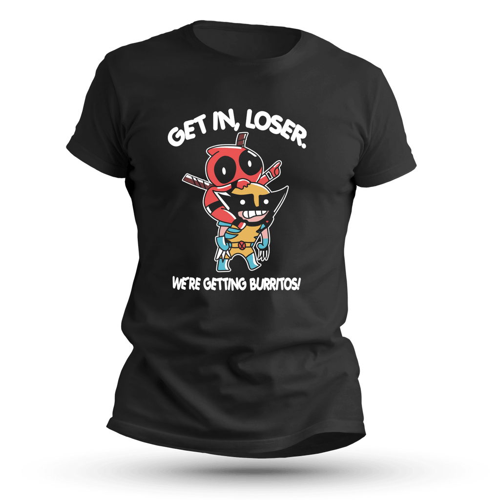 Black T-shirt featuring two chibi comic-style characters in a piggyback pose with text that says ‘Get in, loser. We’re getting burritos!’ in bold white font