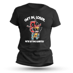 Black T-shirt featuring two chibi comic-style characters in a piggyback pose with text that says ‘Get in, loser. We’re getting burritos!’ in bold white font