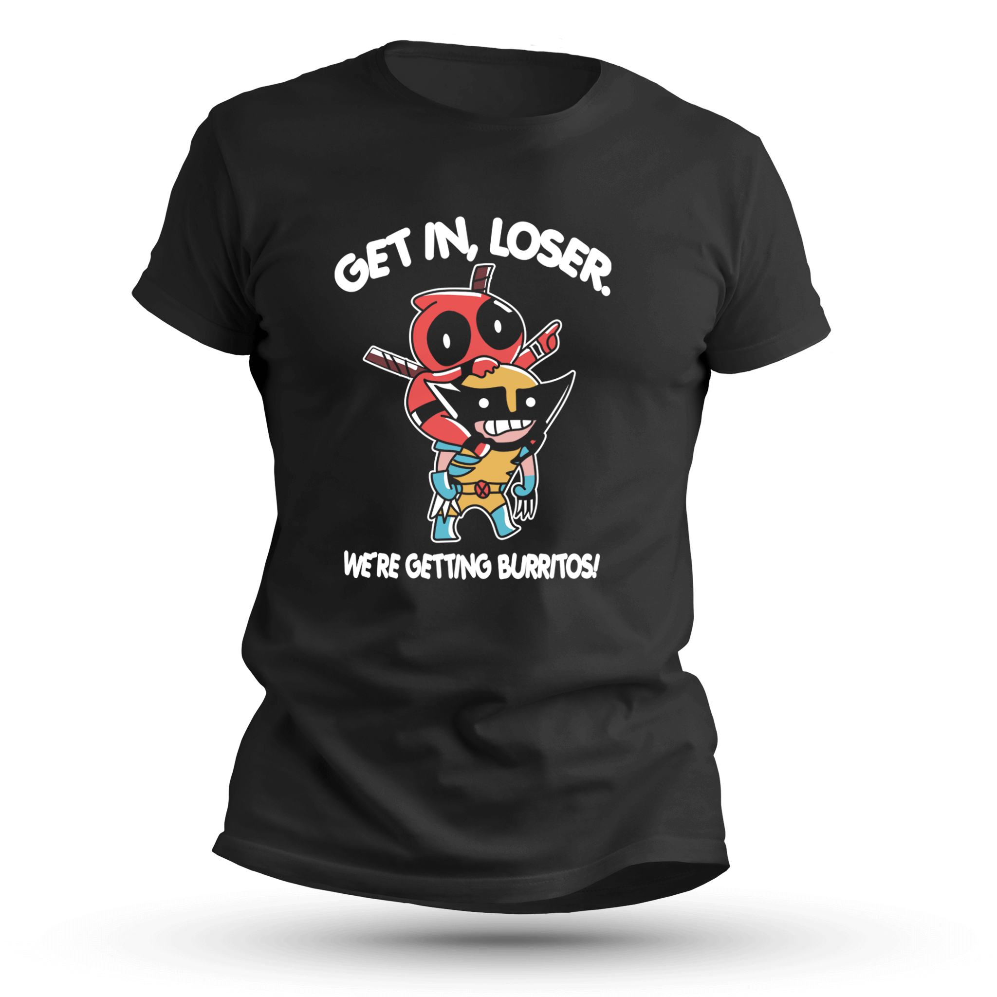 Black T-shirt featuring two chibi comic-style characters in a piggyback pose with text that says ‘Get in, loser. We’re getting burritos!’ in bold white font