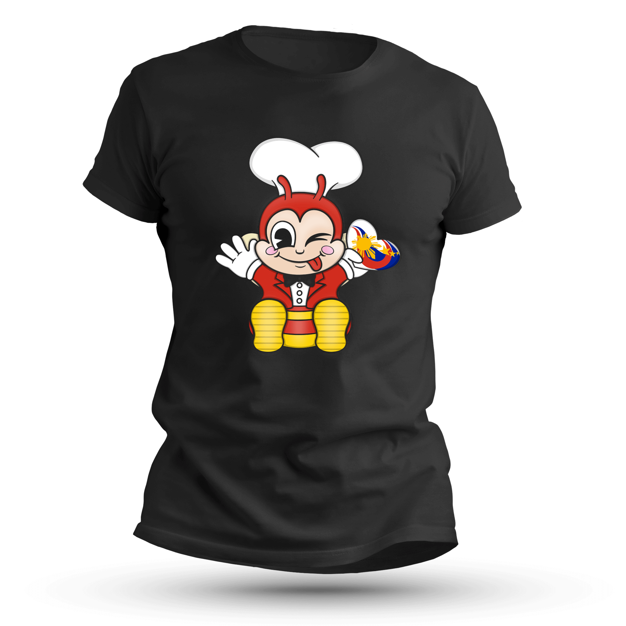 Black t-shirt featuring a cute, happy bee mascot character winking and holding a small Philippine flag. The character is wearing a white chef hat, a red coat, and yellow pants.