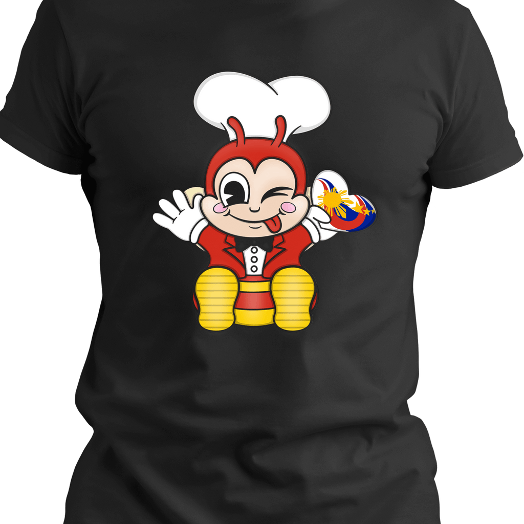 Happy Bee Pinoy Pride T-shirt with a colorful graphic of a winking bee mascot character. The character, wearing a chef's hat and red uniform, is holding a small Philippine flag on a black background