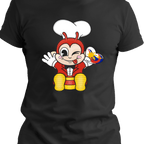 Happy Bee Pinoy Pride T-shirt with a colorful graphic of a winking bee mascot character. The character, wearing a chef's hat and red uniform, is holding a small Philippine flag on a black background