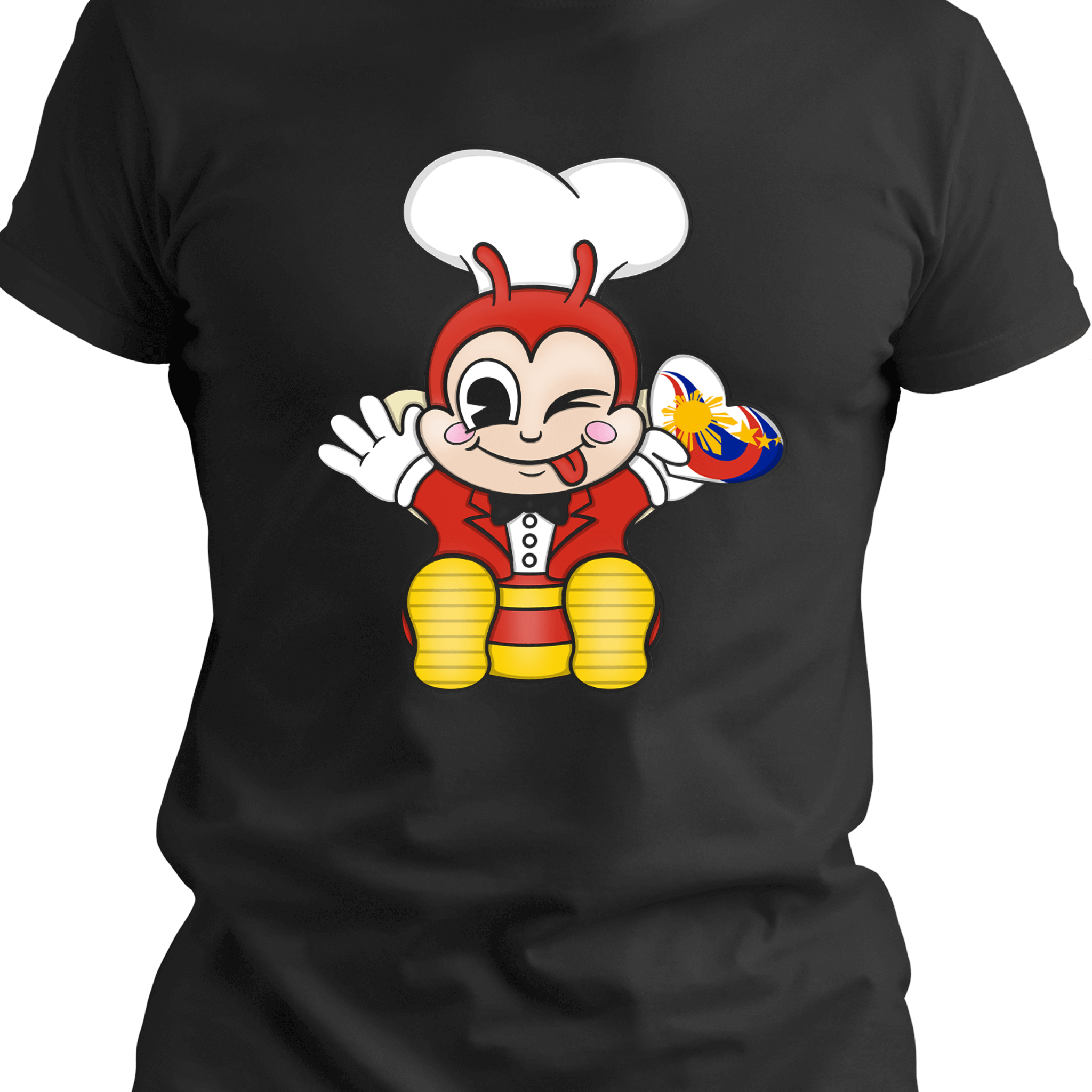 Happy Bee Pinoy Pride T-shirt with a colorful graphic of a winking bee mascot character. The character, wearing a chef's hat and red uniform, is holding a small Philippine flag on a black background