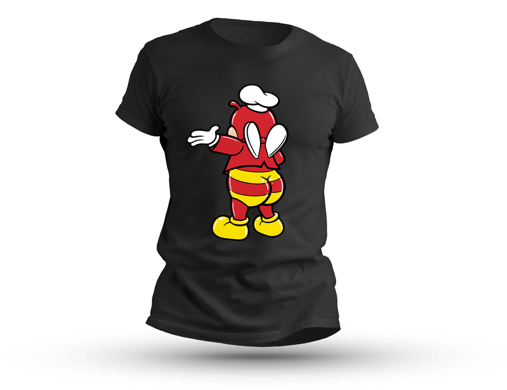 Jolli-Butt Black T-Shirt showing the back of a cartoon Jollibee mascot character with a playful, plump backside on a black t-shirt