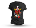 Jolli-Tron Black T-Shirt featuring a cartoon Jollibee mascot reimagined as a red and yellow mecha robot with a chef hat, a 'Chickenjoy' chest plate, and 'Champ' boots, standing on a black t-shirt.
