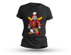 Jolli-Tron Black T-Shirt featuring a cartoon Jollibee mascot reimagined as a red and yellow mecha robot with a chef hat, a 'Chickenjoy' chest plate, and 'Champ' boots, standing on a black t-shirt.
