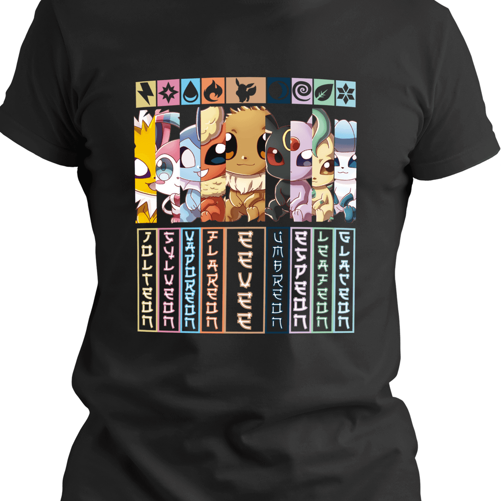 Kawaii black T-shirt featuring nine elemental chibi critters in vertical color panels, each representing powers like fire, ice, lightning, shadow, and more — arranged in a cute squad lineup with bold cartoon style