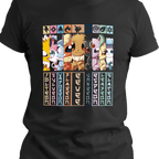 Kawaii black T-shirt featuring nine elemental chibi critters in vertical color panels, each representing powers like fire, ice, lightning, shadow, and more — arranged in a cute squad lineup with bold cartoon style